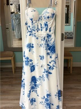 White Maxi Dress with Blue Floral Print